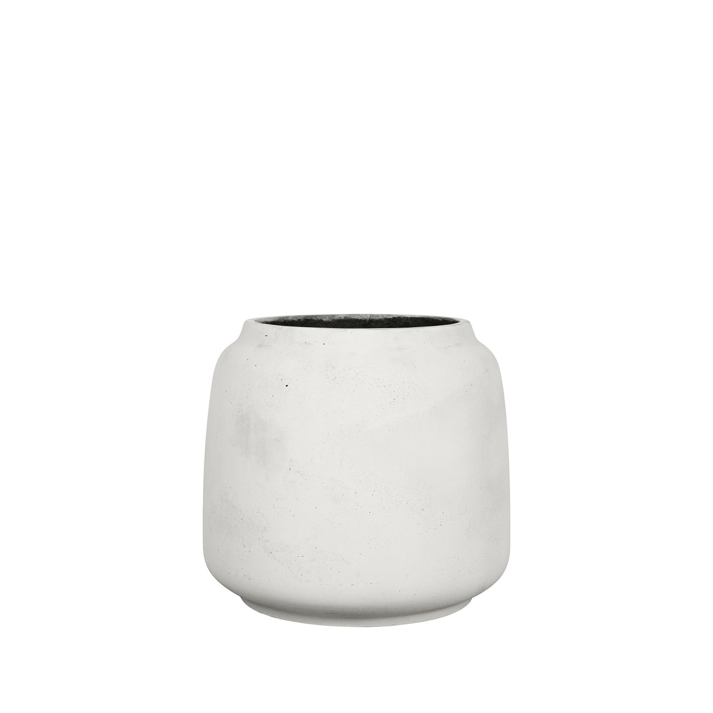 A small cylindrical white ceramic planter with a textured matte finish and a dark interior, centered on a plain white background.