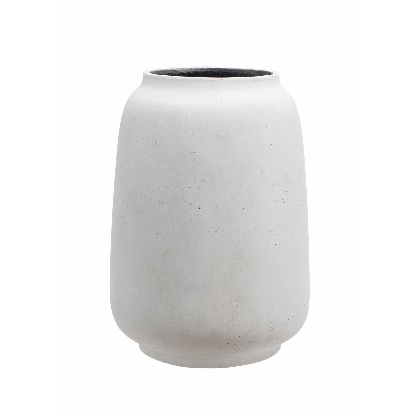 A minimalist matte ceramic vase with a tapered cylindrical shape, featuring a speckled off-white exterior set against a solid white background.