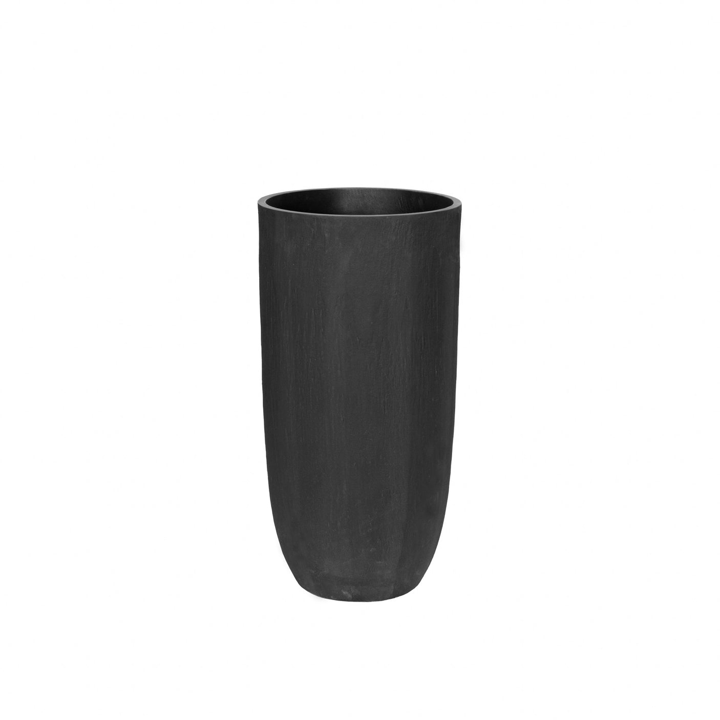 A tall, matte black cylindrical planter or vase with a subtle textured finish, centered on a plain white background.