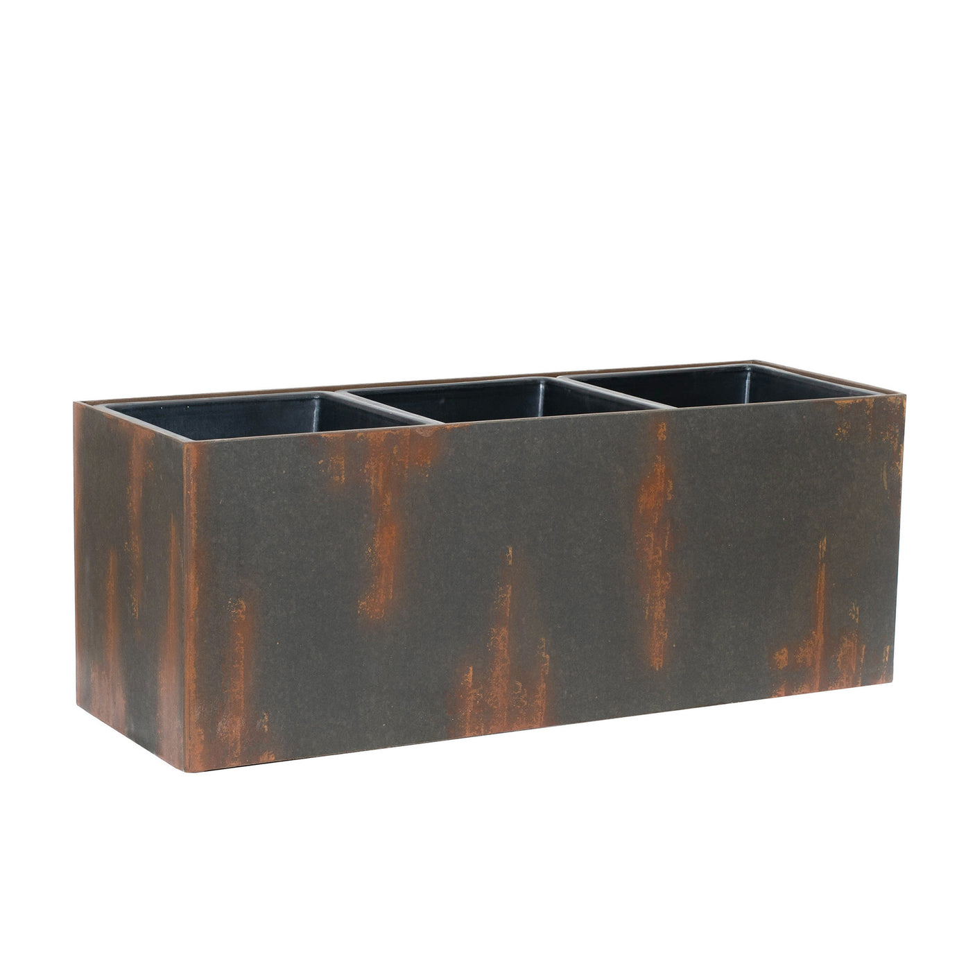 A rectangular outdoor planter with decorative rust patches on a white background