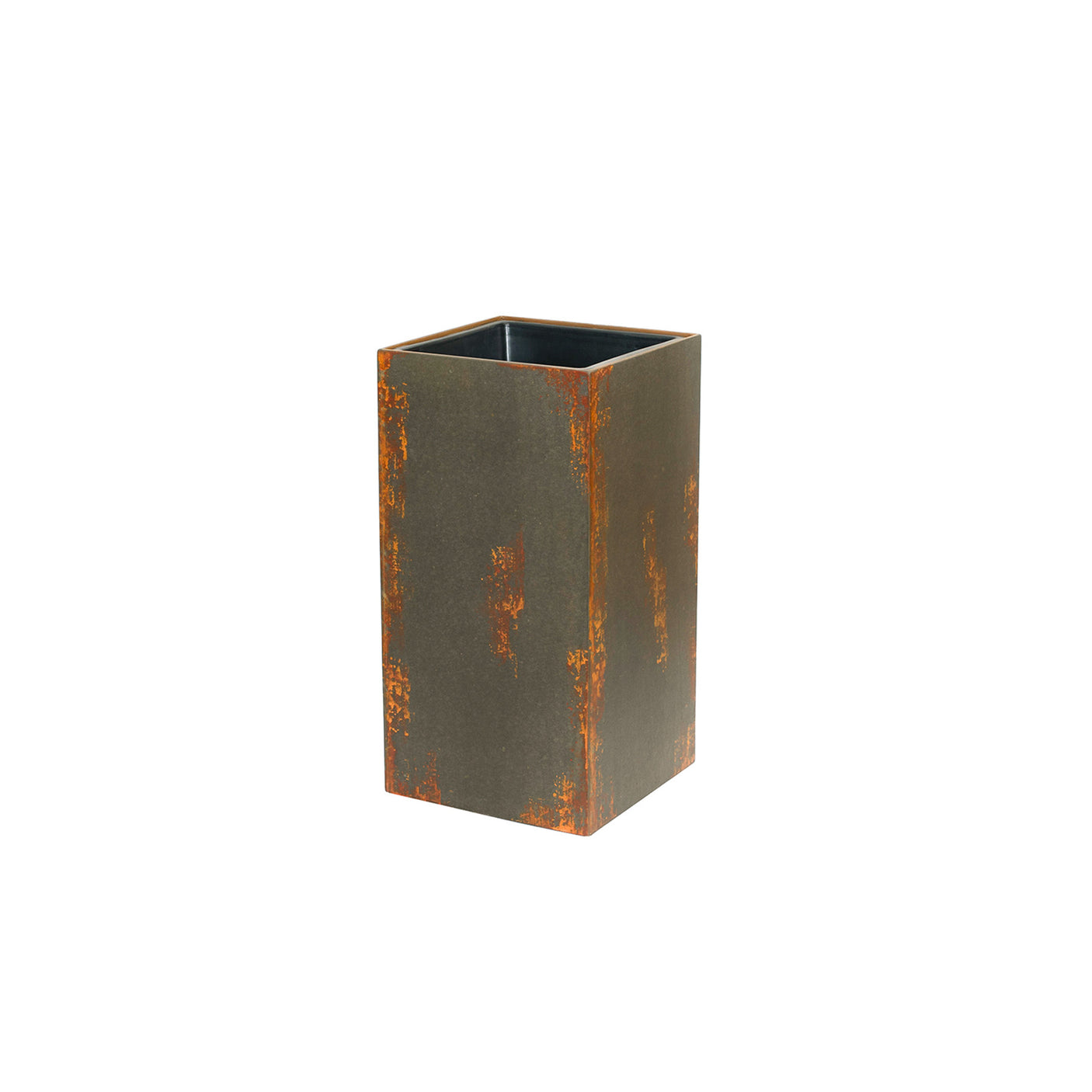A rectangular rust and brown outdoor planter on a white background