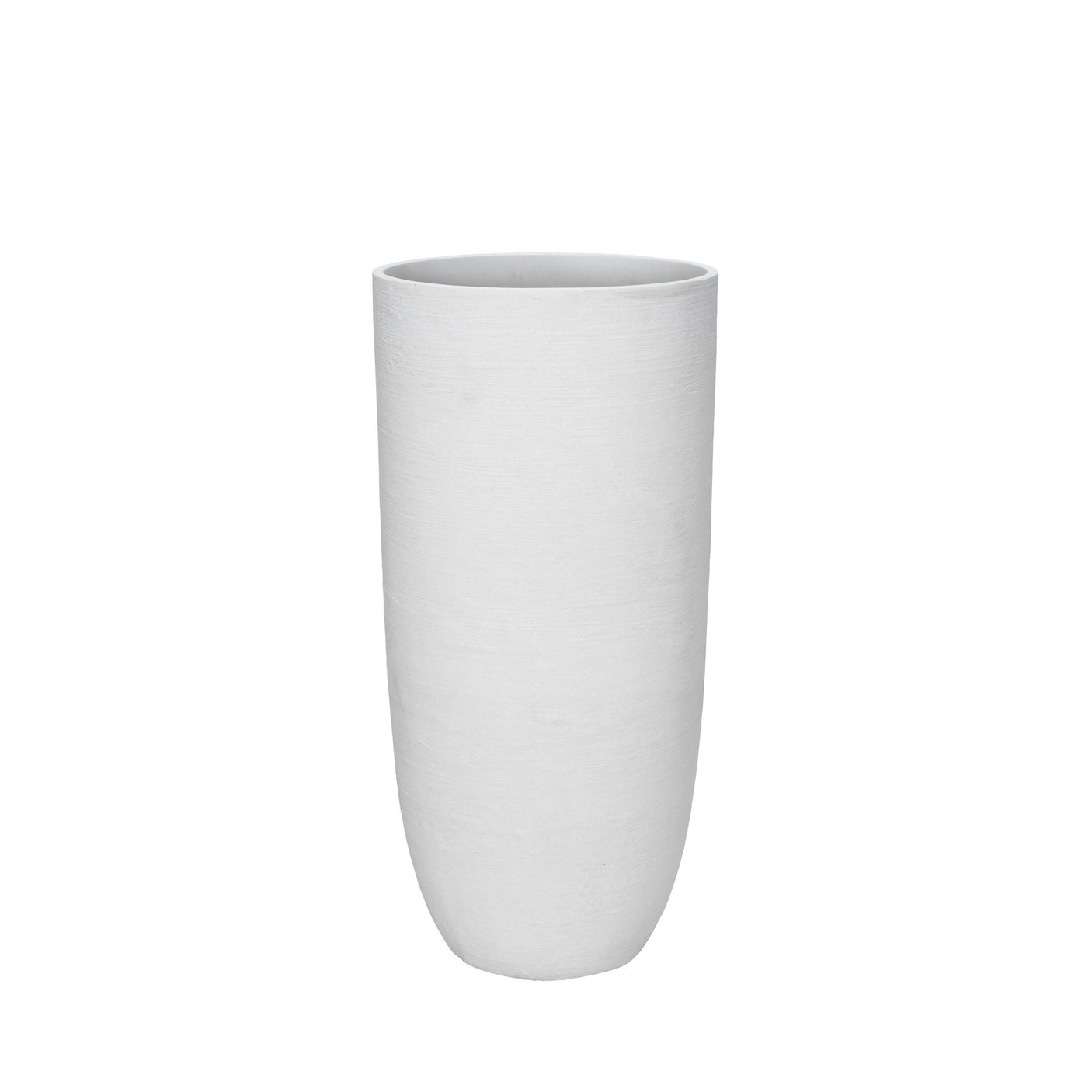 A tall, slender white ceramic planter or vase with a subtle textured finish, shown against a plain white background.