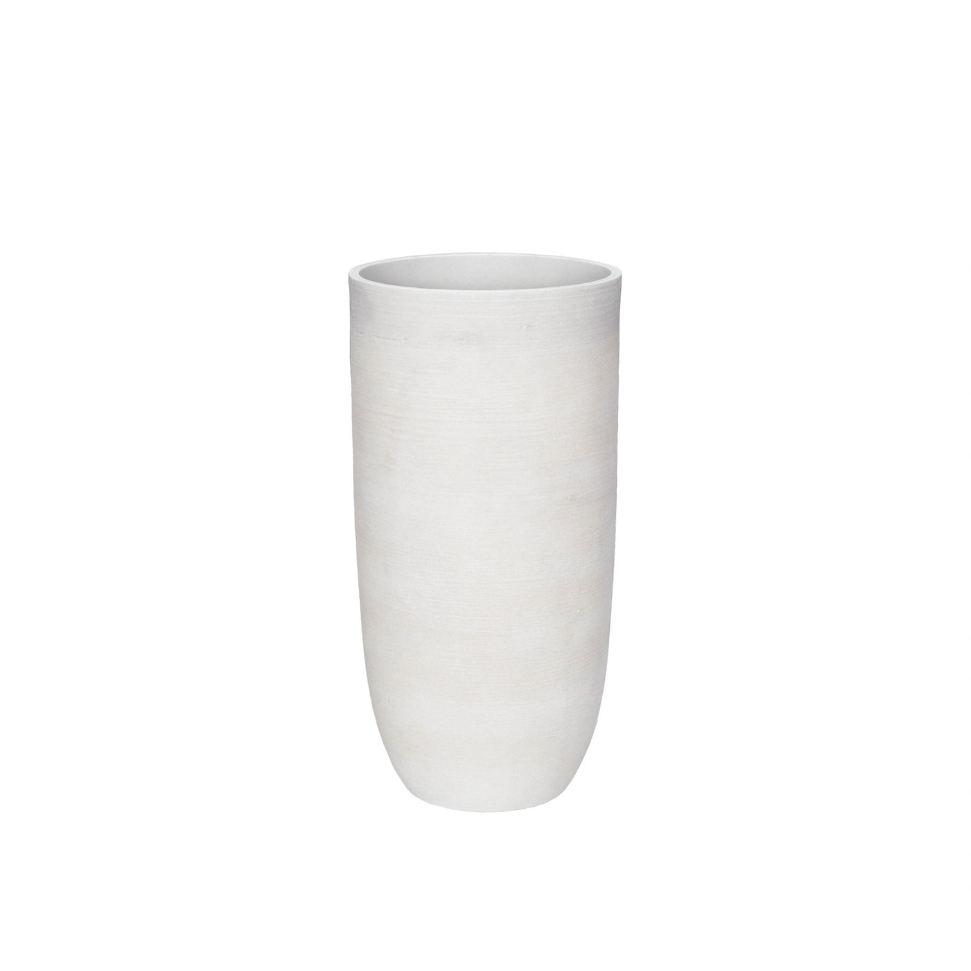 A tall, cylindrical ceramic vase with a textured matte finish in a warm off-white color, shown against a solid white background.