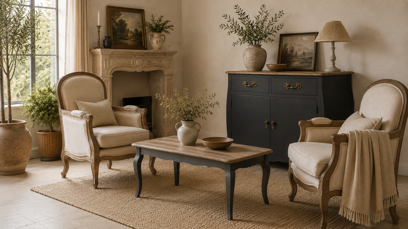 Cozy living room with two armchairs, a coffee table, and decorative items.