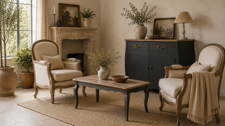 Cozy living room with two armchairs, a coffee table, and decorative items.