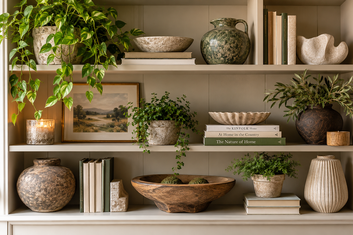 Styled bookcase with neutral ceramics, stacked books, trailing green plants and rustic decorative accessories in a warm, natural interior.
