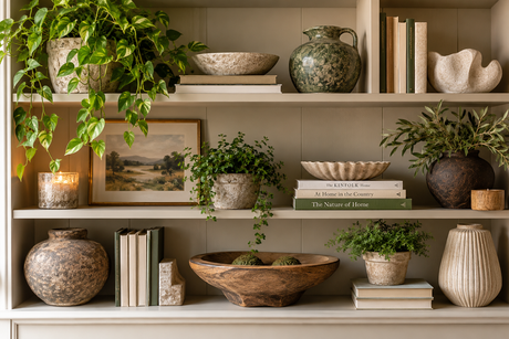 Styled bookcase with neutral ceramics, stacked books, trailing green plants and rustic decorative accessories in a warm, natural interior.