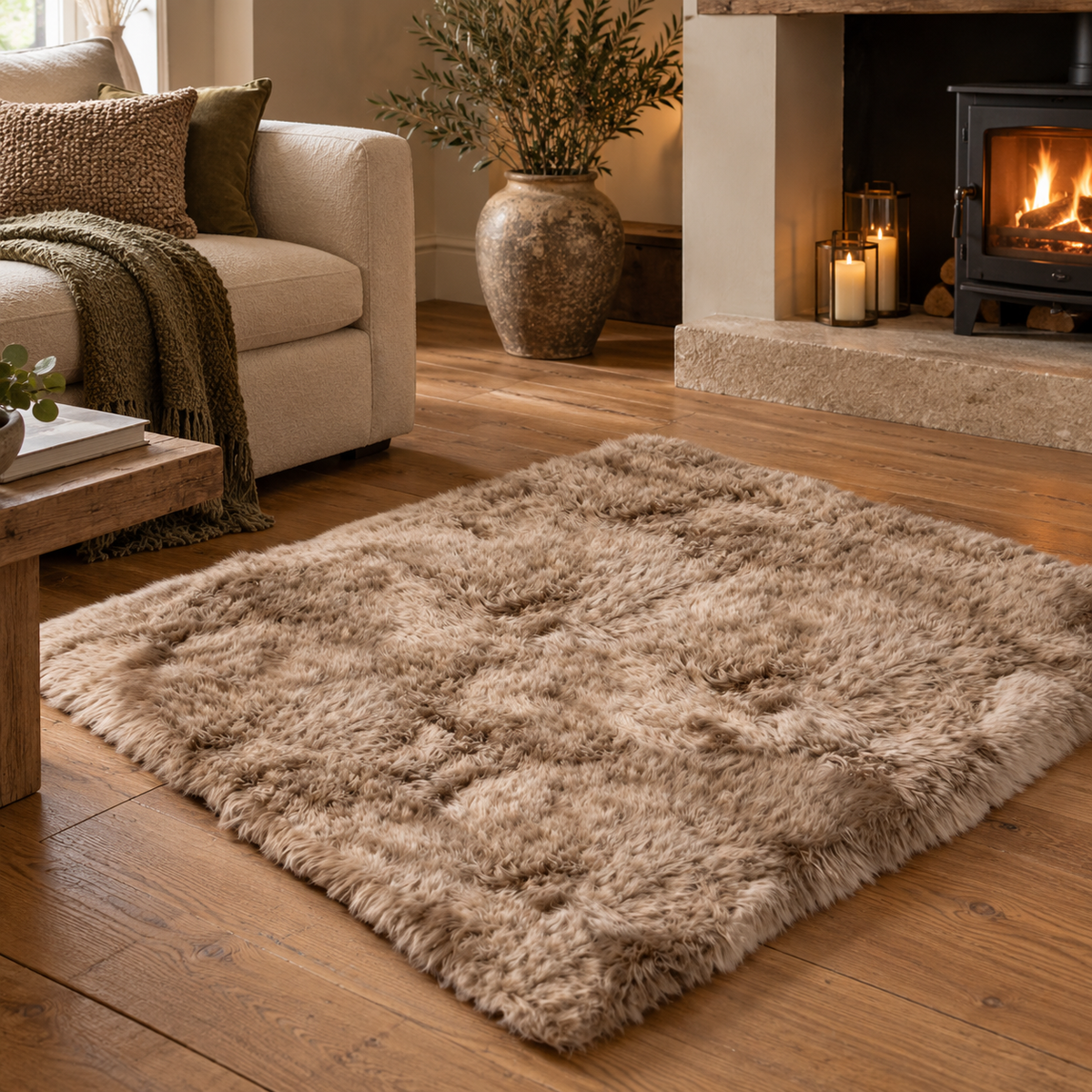 Light Brown Sheepskin Rug on a wooden floor in front of a log burner, beside a cream sofa and a large stoneware urn