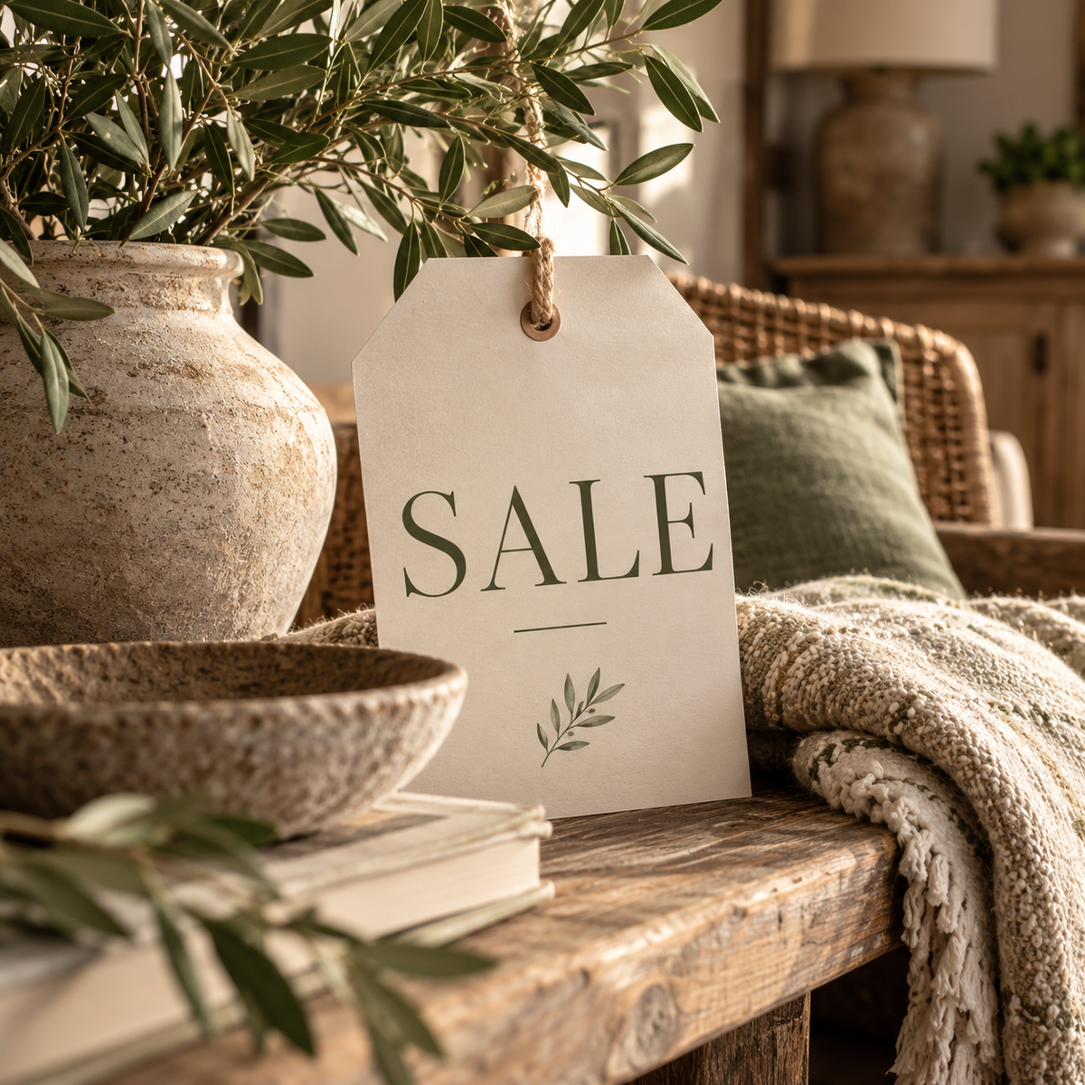 Sale tag propped among a stone vase, wooden bowl and knitted throw on a rustic table