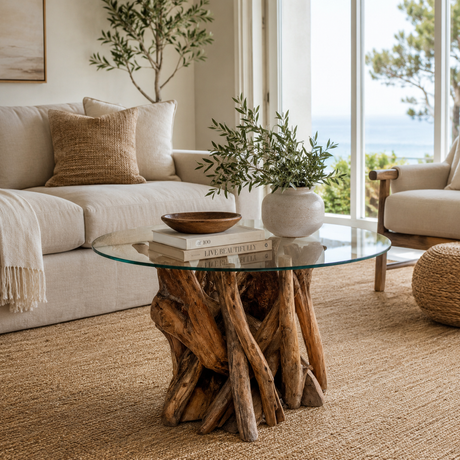 Living room with a glass coffee table on a wooden teak tree root base, beige sofa, and large windows.