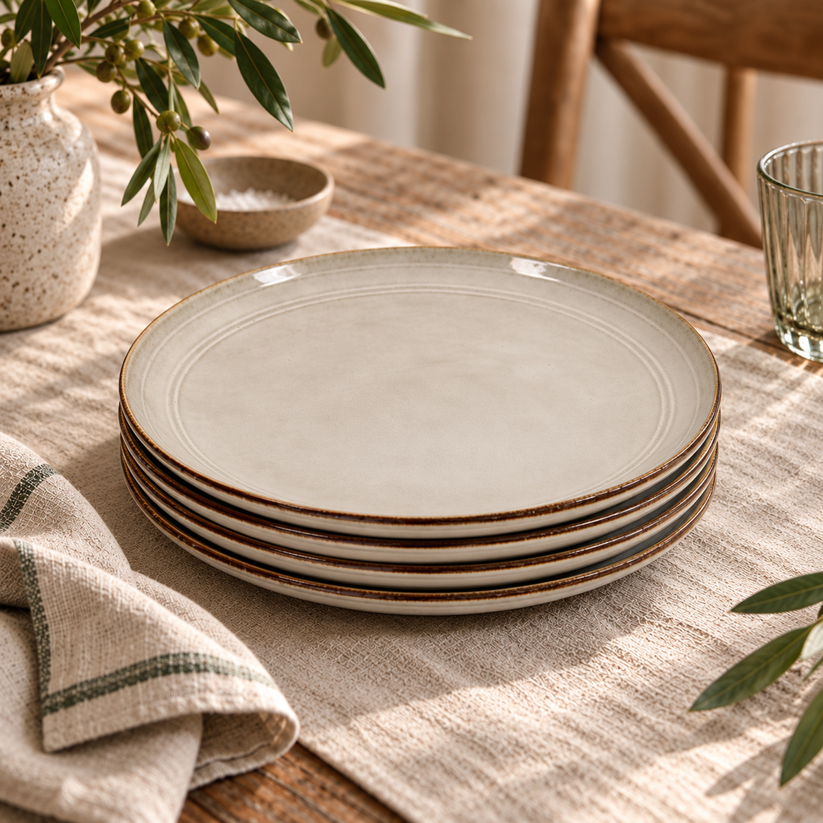 The Gable Collection stoneware dinner plates in a soft beige glaze, stacked on a linen runner on a rustic wooden table with olive branches.