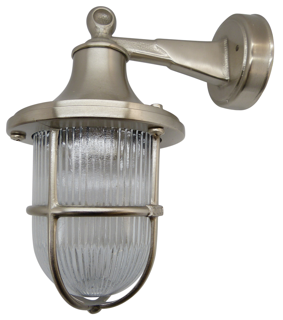 Outdoor wall light fixture with clear glass shade on a white background