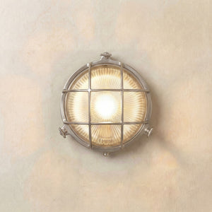 Grand cabin bulkhead outdoor wall light in satin nickel on a neutral wall