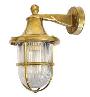 Raw brass tiller wall lantern against a white background