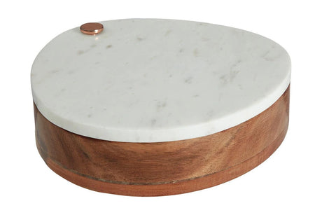 The Loxley Cheese Knife and Board Set closed, with the white marble board resting on the wooden base.