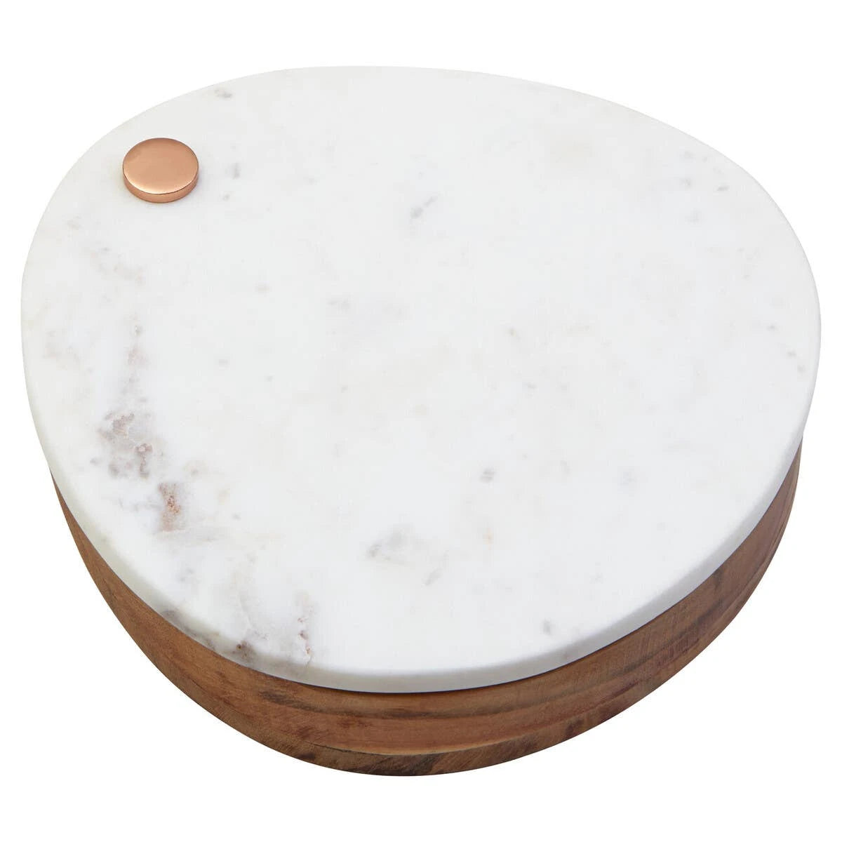 The Loxley White Marble Cheese Board from above, showing the copper-finish pivot button.