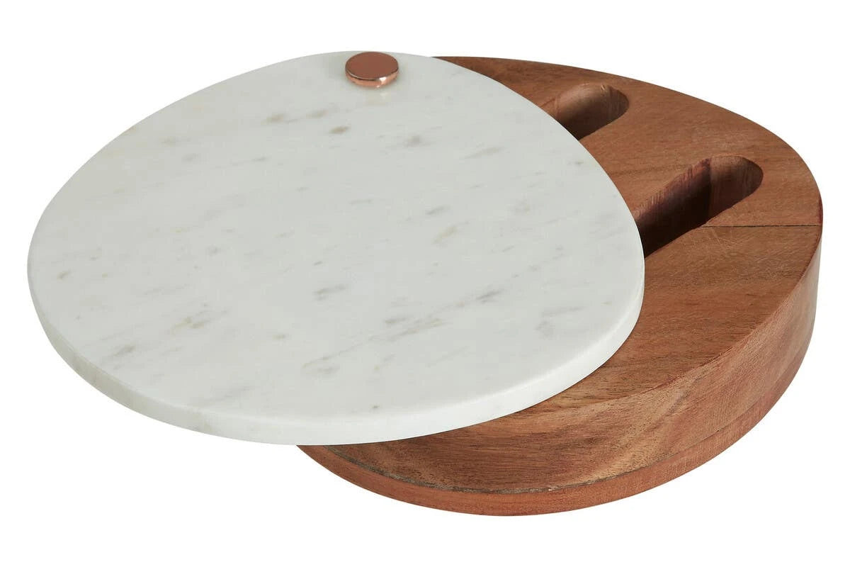 The Loxley Cheese Board partly swivelled open to reveal the knife compartments in the wooden base.