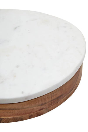 Close-up of the edge of the white marble board and wooden base of the Loxley Cheese Set.