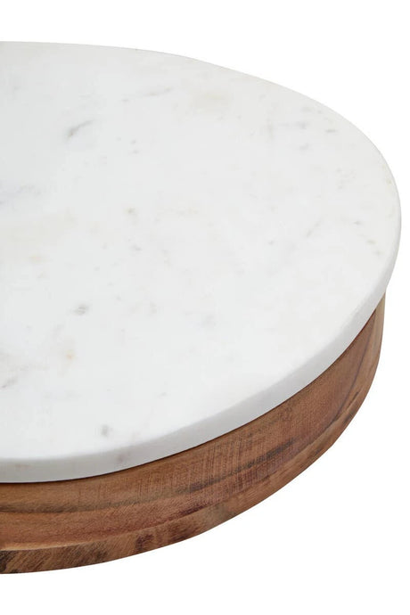 Close-up of the edge of the white marble board and wooden base of the Loxley Cheese Set.