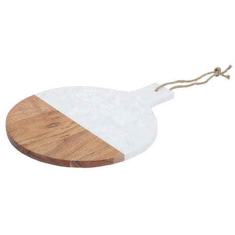 The Loxley Round Paddle Board with Marble Handle, split between white marble and acacia wood, with a jute loop.