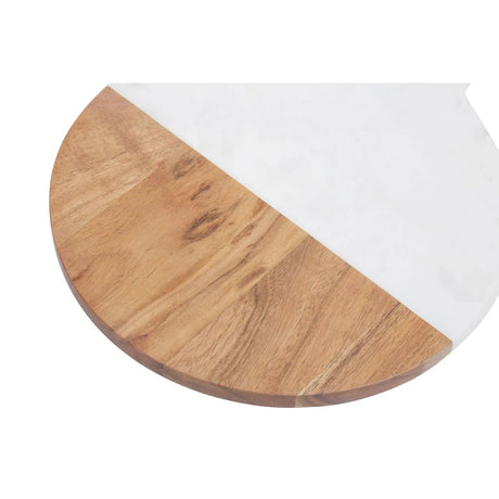 Close-up of the diagonal join between the acacia wood and white marble on the Loxley Round Paddle Board.