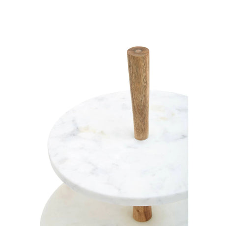 Close-up of the top marble tier and acacia wood finial on the Loxley Two Tier Cake Stand.
