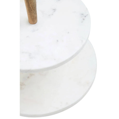 Close-up of the veining on the white marble tiers of the Loxley Two Tier Cake Stand.