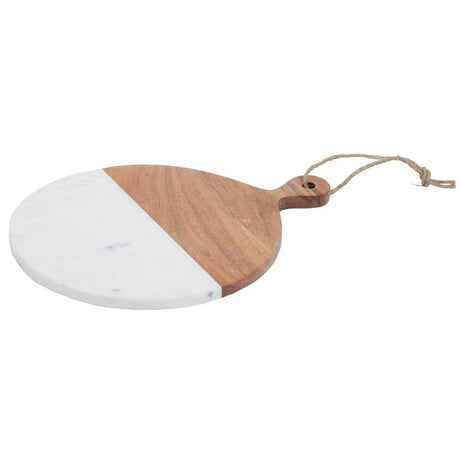 The Loxley Round Paddle Board with Acacia Handle, in white marble and acacia wood with a jute loop.
