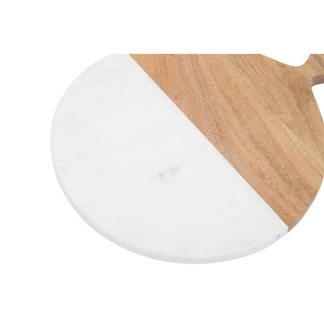 Close-up of the white marble and acacia wood surface of the Loxley Round Paddle Board with Acacia Handle.