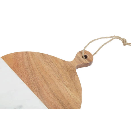 Close-up of the acacia wood handle with hanging hole and jute loop on the Loxley Round Paddle Board.