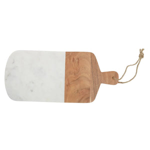 The Loxley Rectangular Marble and Acacia Wood Paddle Board from above, with its jute hanging loop.