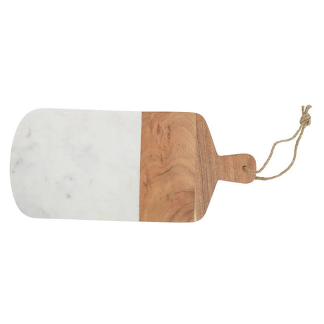 The Loxley Rectangular Marble and Acacia Wood Paddle Board from above, with its jute hanging loop.