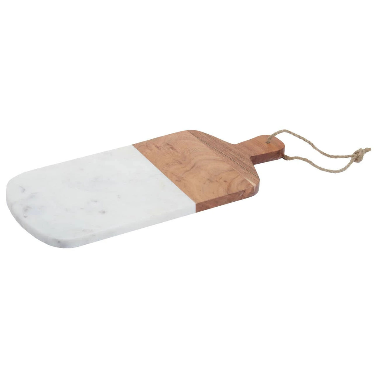 The Loxley Rectangular Paddle Board from an angle, with a white marble serving surface and acacia wood handle.