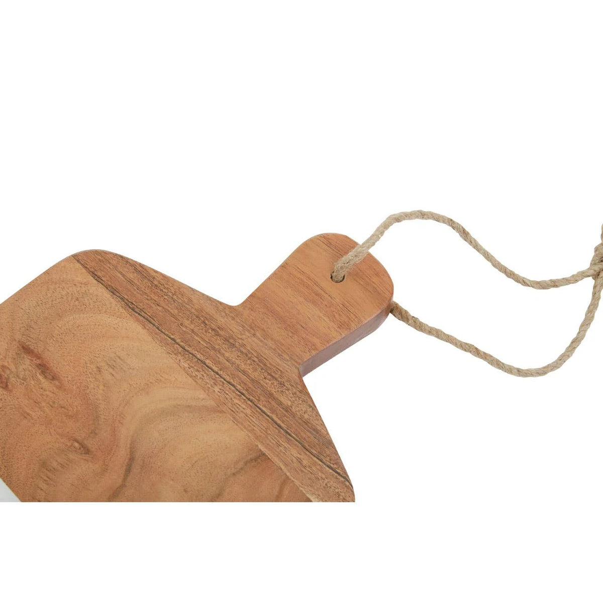 Close-up of the acacia wood handle and jute loop on the Loxley Rectangular Paddle Board.
