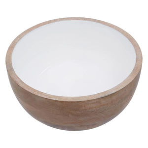 The Solace Mango Wood Round Serving Bowl, showing its natural mango wood outside and smooth white interior.
