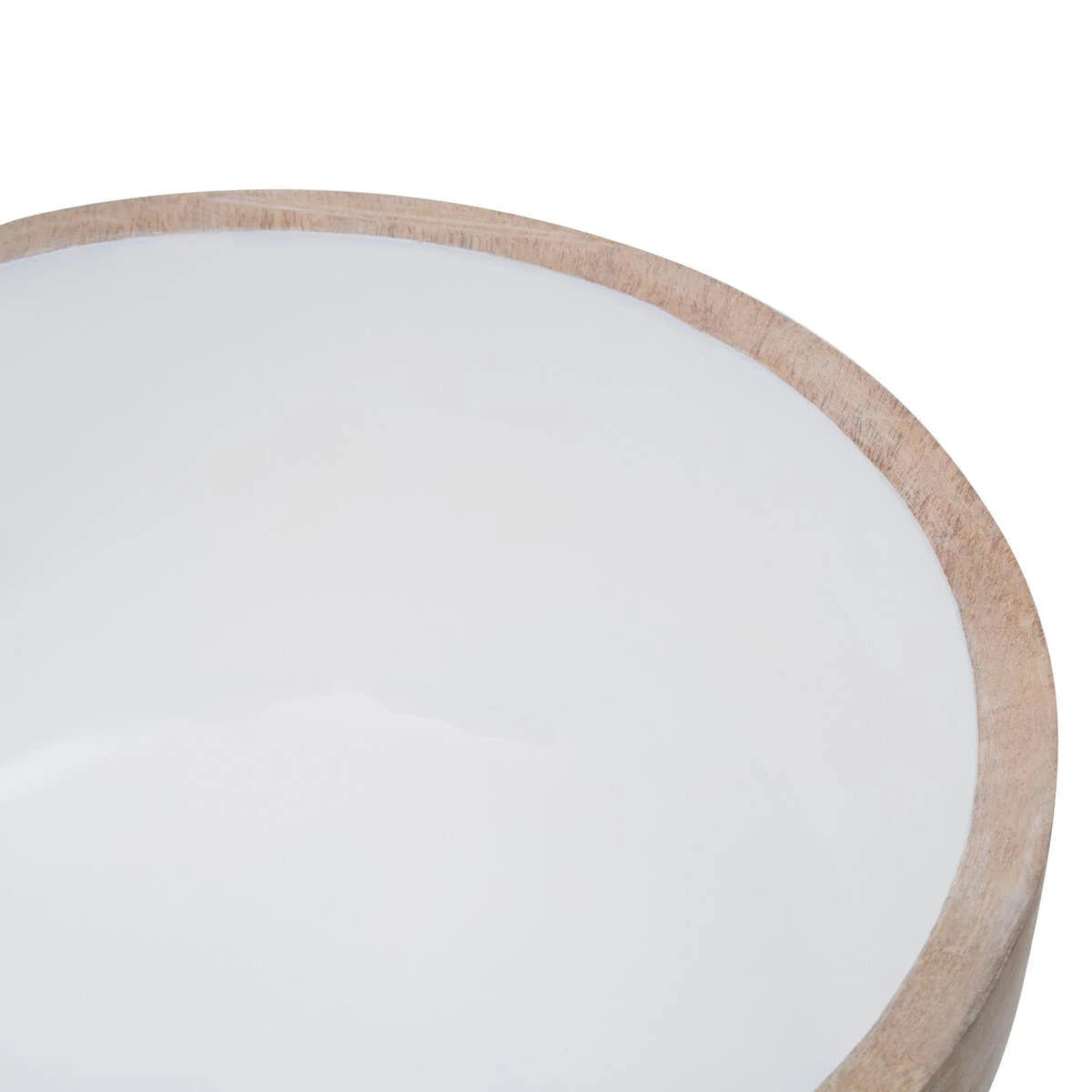 Close-up of the smooth white interior and mango wood rim of the Solace Serving Bowl.