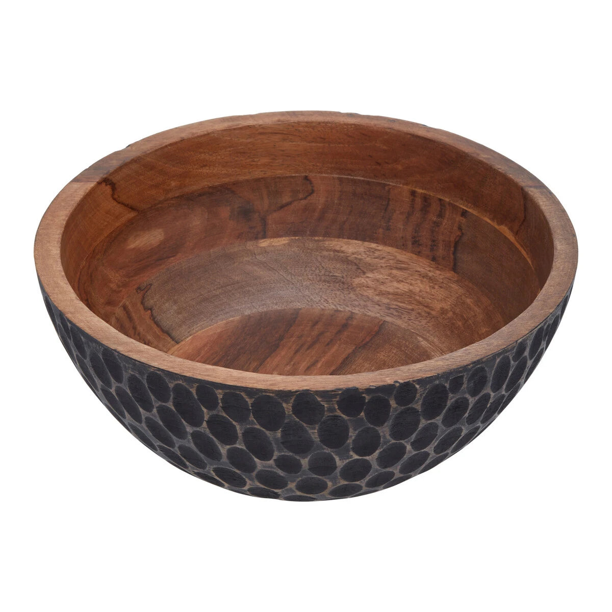 Hewn mango wood bowl with natural wood interior and black carved dimpled exterior