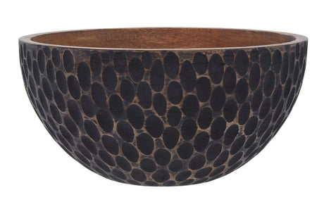 Side view of the Hewn mango wood bowl showing the black dimpled exterior