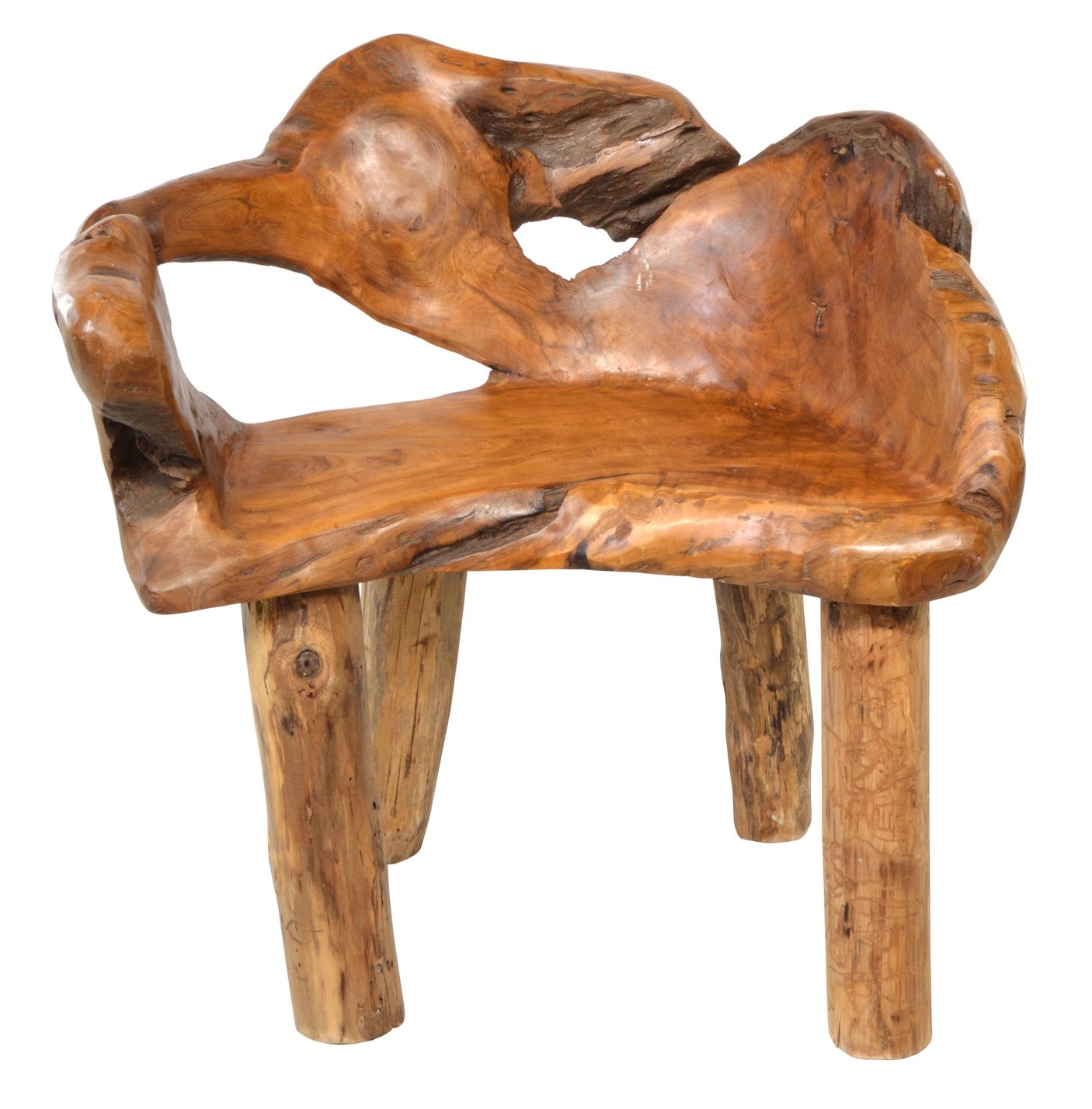 Teak wood chair with natural, rustic design on a white background