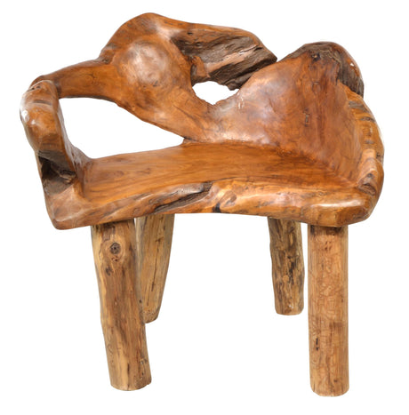 Teak wood chair with natural, rustic design on a white background