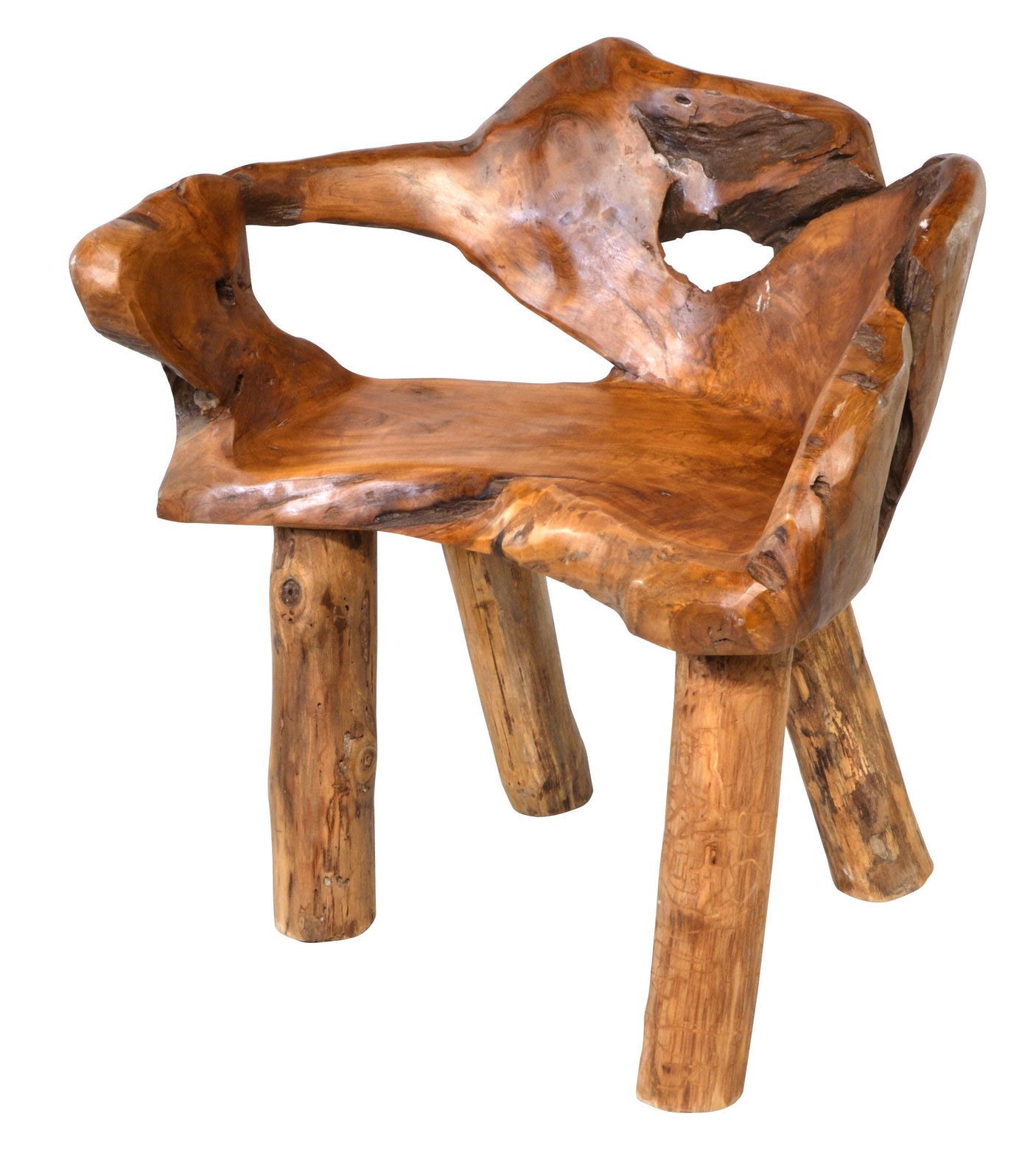 Teak wood chair with natural, rustic design on a white background