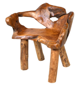 Teak wood chair with natural, rustic design on a white background