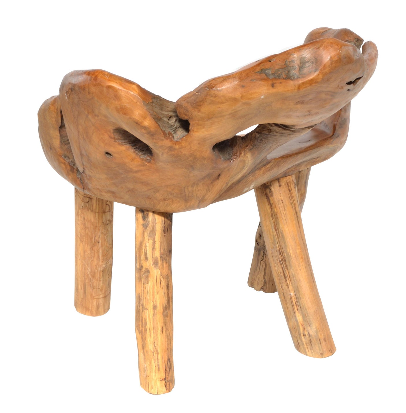 Back view of a teak wood chair with natural, organic design on a white background