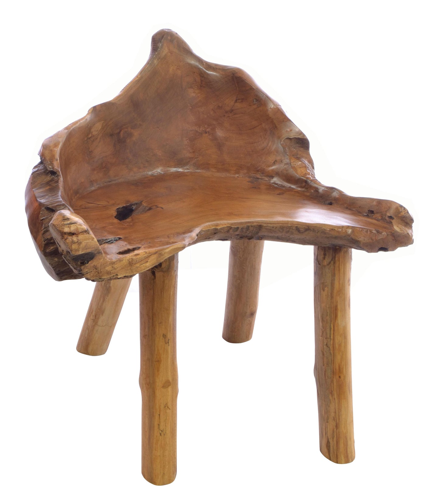 Outdoor teak root chair with a natural, rustic design on a white background