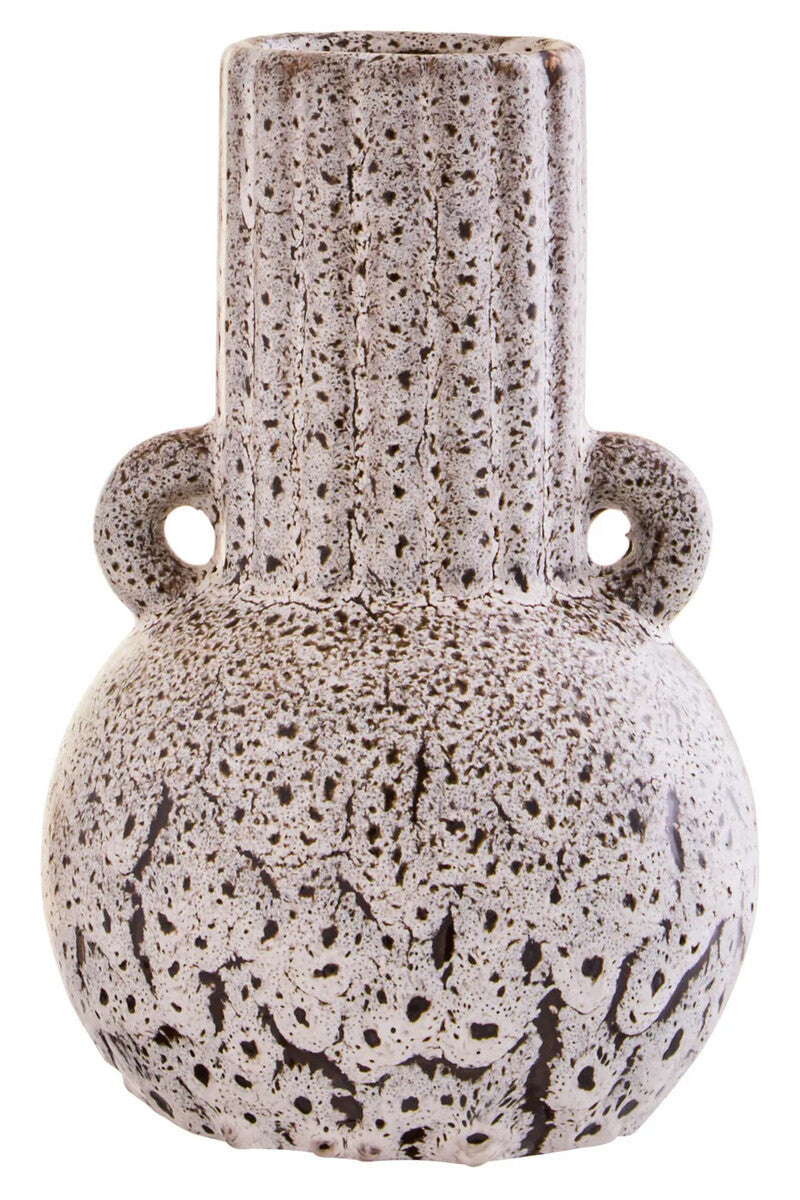 Freya Speckled Brown Stoneware Bud Vase, a speckled brown glazed stoneware bud vase with a round base, fluted neck and two loop handles.
