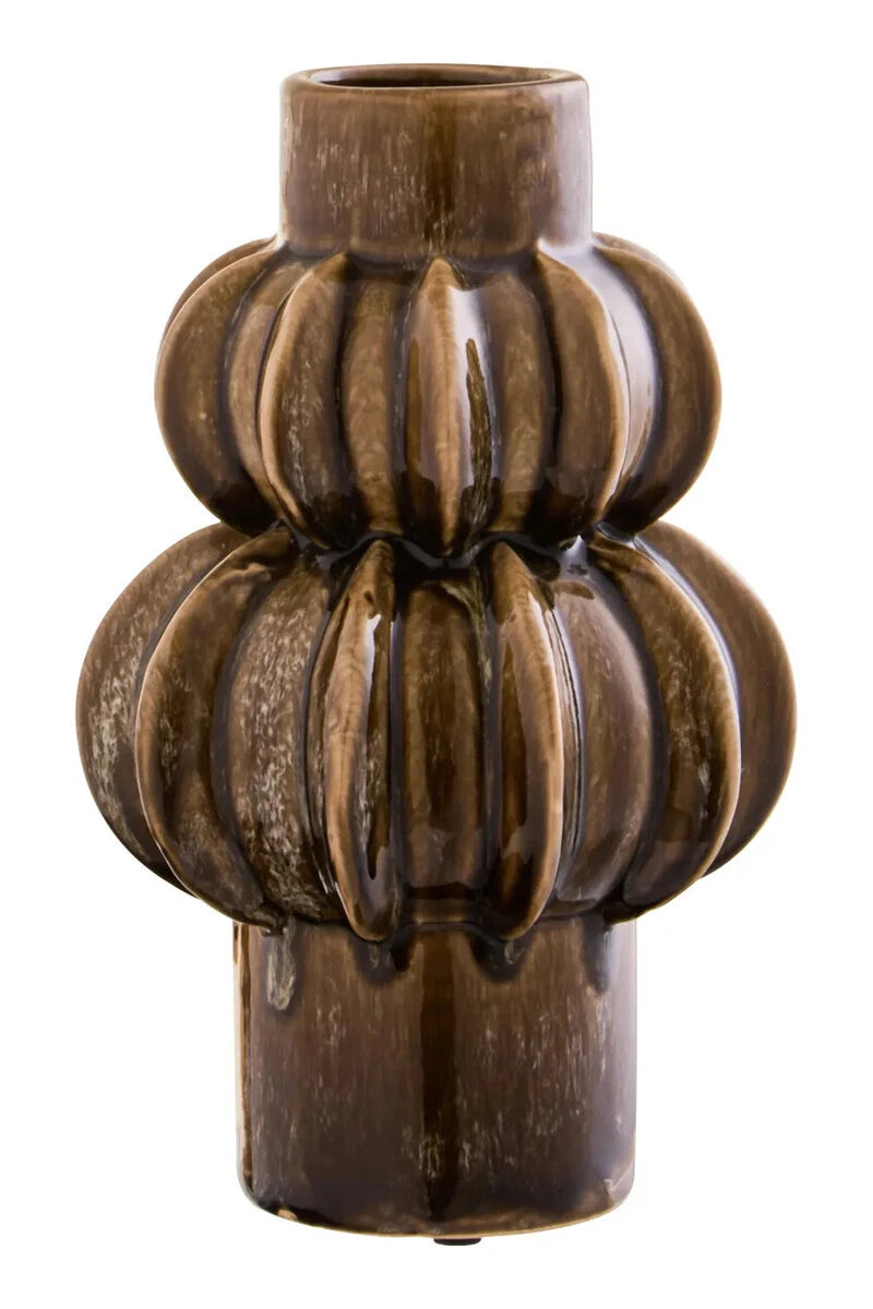 Orsa Brown Stoneware Bubble Vase, a glossy brown stoneware vase made of two stacked, ribbed bubble sections.
