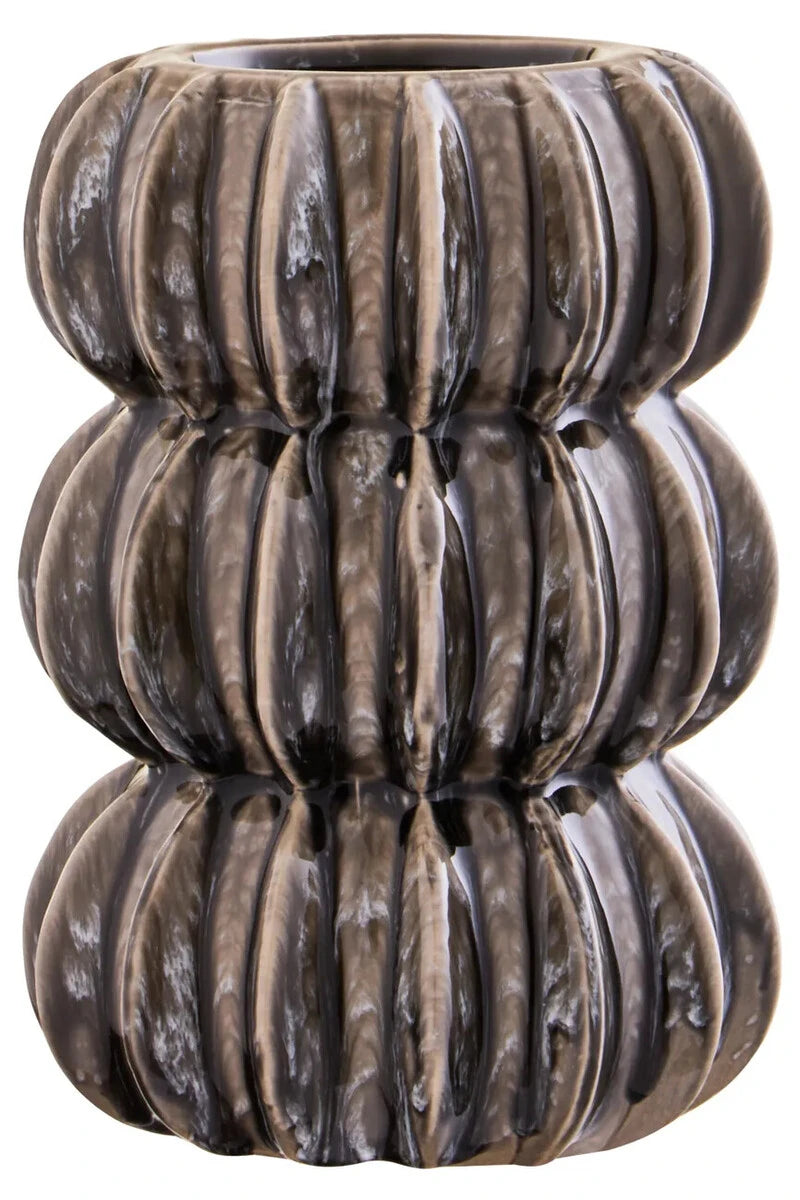 Orsa Grey Stoneware Bubble Vase, a glossy grey stoneware vase made of three stacked, ribbed bubble sections.
