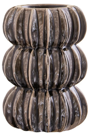 Orsa Grey Stoneware Bubble Vase, a glossy grey stoneware vase made of three stacked, ribbed bubble sections.