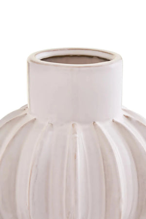 Close-up of the neck and ribbed body of the Freya cream bubble vase