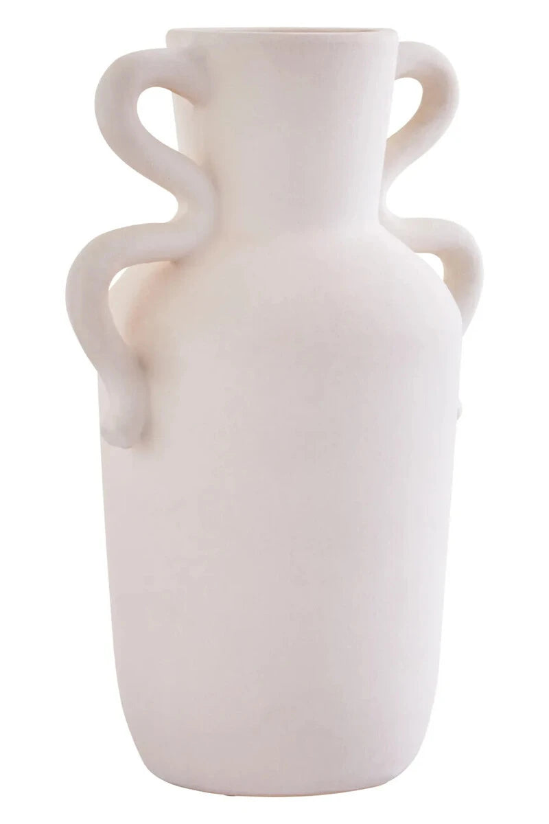 Tova White Tall Vase with Abstract Handles, showing the glazed finish.